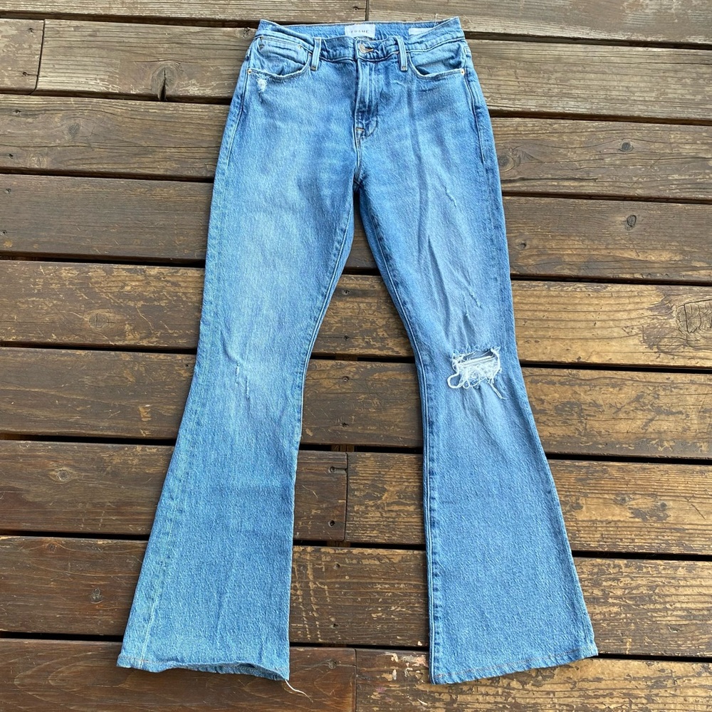 Frame le high flare distressed light wash flared jeans